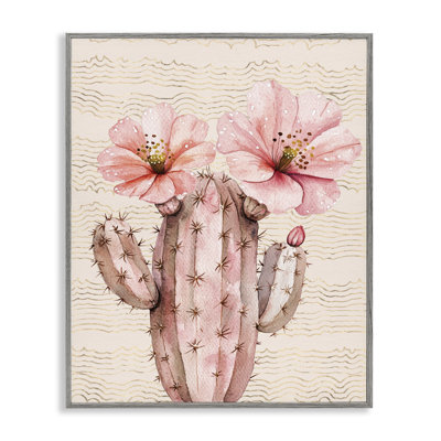 Cactus pastel avec fleurs, estampe numérique encadrée avec lettres et lignes