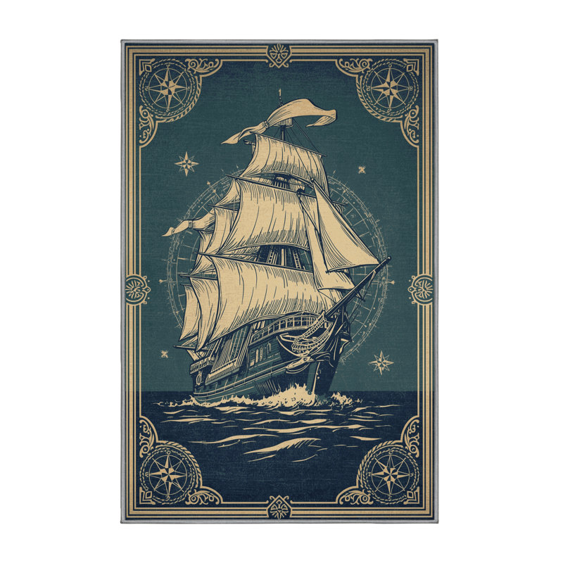Machine Washable Mendon Pirate Sailing Ship Vintage Vintage Look Rug in Gray – Gray Binding, 6x9