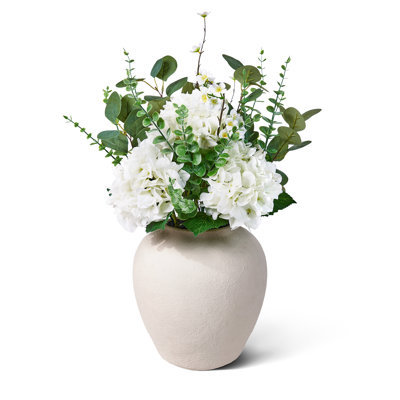 Barnette 25" Artificial Flowers Arrangement, Faux White Hydrangea & Eucalyptus Bouquet in Textured MgO Stone Planter, Realistic Silk Flower Centerpiece for Entryway, Island & Dining Decor