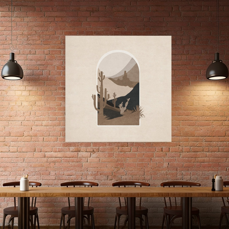 Désert, fenêtre, scène, abstrait, minimaliste, moderne, cactus, paysage, impression d'art mural, H 48 po x l 48 po