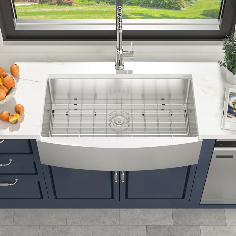 Single Bowl Stainless Steel Farmhouse/Apron Kitchen Sink with Sink Grid and Basket Strainer, Silver, 9"H x 33"W x 20"D