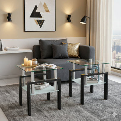 Set Of Two Modern Tempered Glass Tea Or Coffee End Tables, Square Design For Living Rooms, Available In Transparent/White