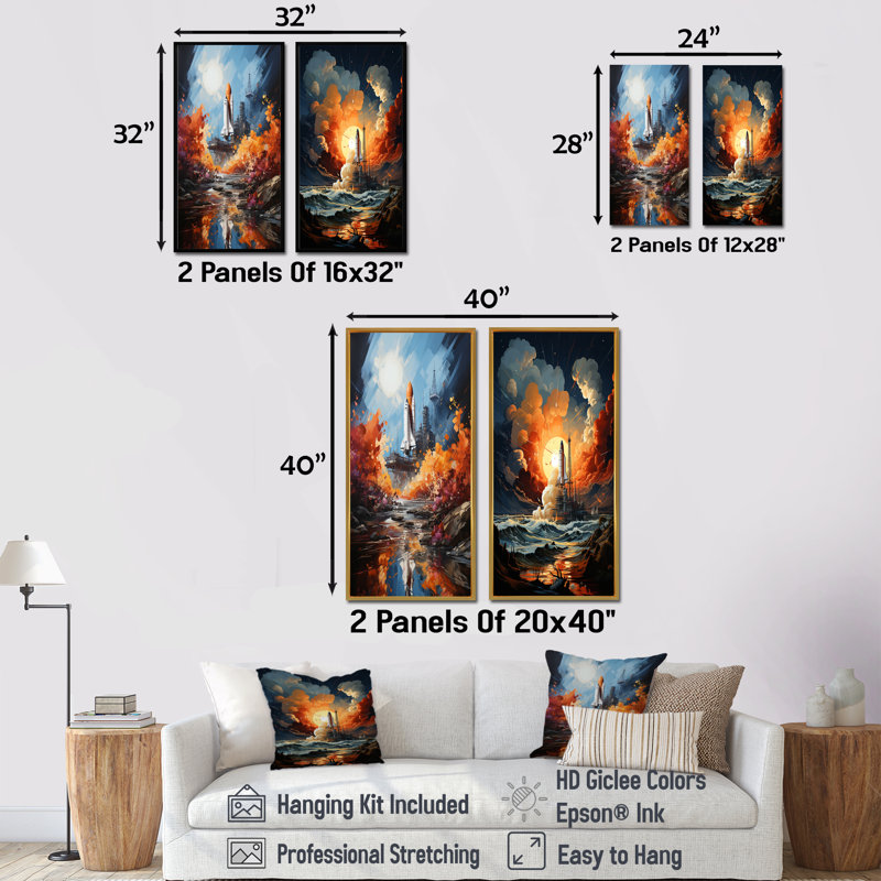 Impressionniste Cosmic Rocket Ship Voyage - Rocketship, ensemble d'art mural sur toile, H 28 po x l 25 po, Toile tendue