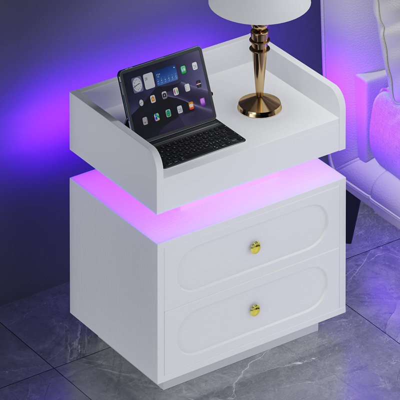 Nightstand with Charging Station LED Lights, Modern Led End Table for Bedroom 2 set, White, Set of 2