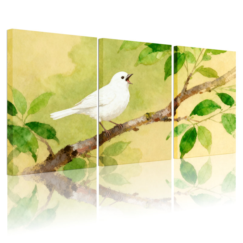 Oiseaux oiseaux blancs sur une branche avec feuilles vertes, ensemble de 3 impressions sur toile, H 30 po x l 60 po