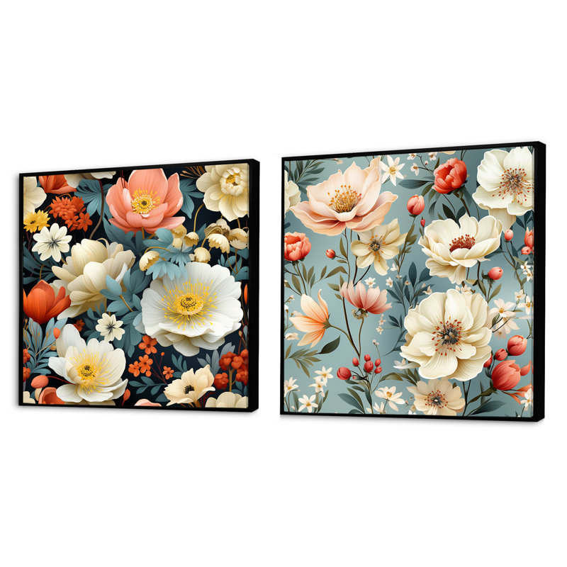 Randel - Ensemble de 2 collages carrés floraux, Cadre flottant noir, H 16 po x l 33 po