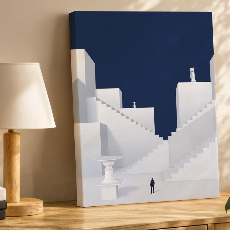 Toile, scène architecturale minimaliste mettant en vedette des bâtiments géométriques blancs Stark et des escaliers muraux qui montent vers une toile profonde