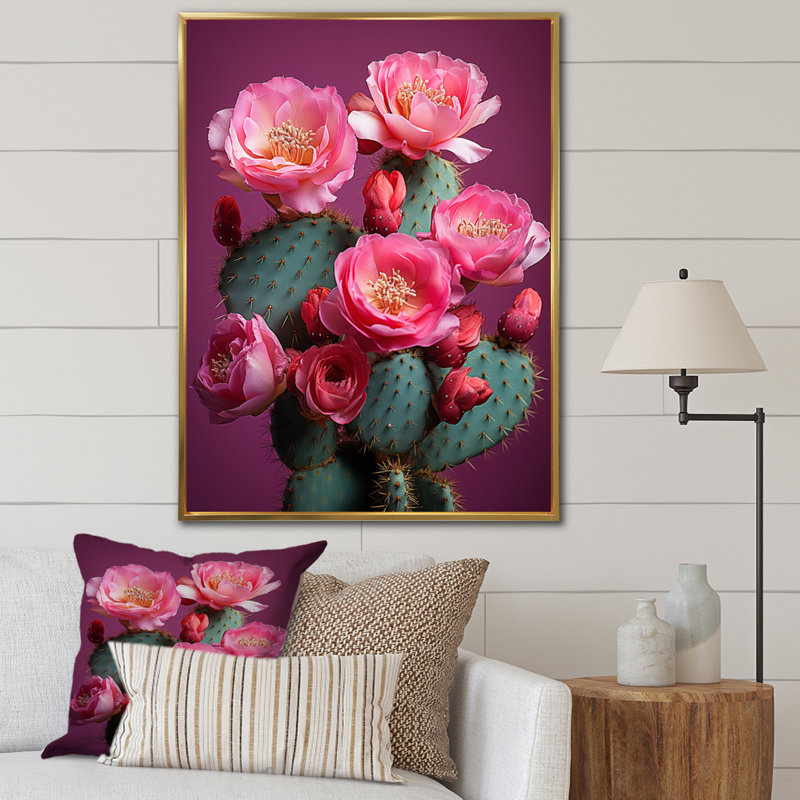 Traciann rose vert cactus du désert épineux I, H 20 po x l 12 po x P 1 po, Cadre flottant doré