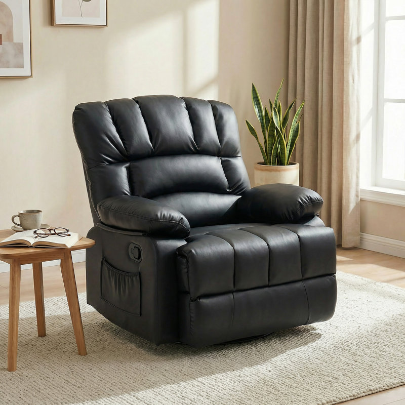Breasha 39.7" Wide Transitional Leather Swivel Rocker Manual Recliner, Black Faux Leather