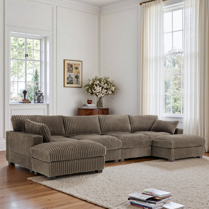 Canapé modulaire réversible 5 pièces rembourré en flanelle de fourrure de lapin brun clair avec repose-pieds 5 pièces