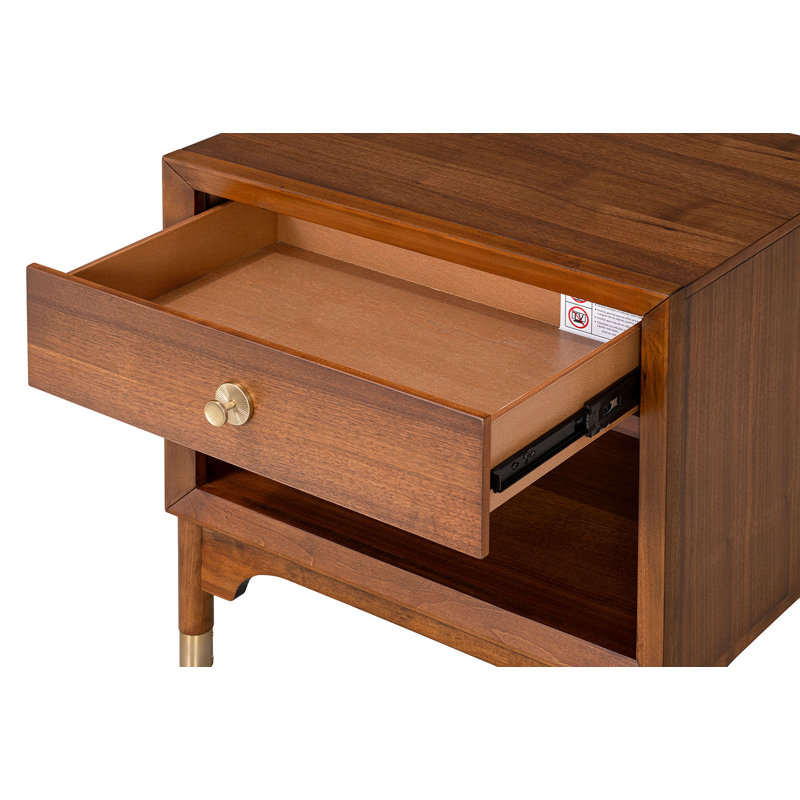 Table de chevet 1 pièce avec port USB, tiroir à queue d'aronde anglaise, pieds dorés, meubles de chambre à coucher finition noyer | Idée de cadeau