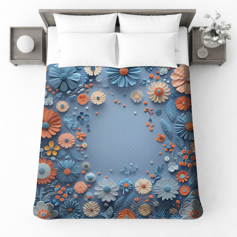 Couvre-lit matelassé à fleurs bleues et orange, Couvre-lit double / double, Motif floral bleu / orange