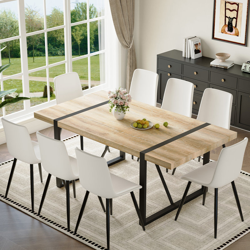 71" Modern Rectangular Dining Table Set, Black/White, 9