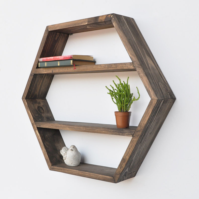 Tablette décorative hexagonale en bois massif 4 pièces Nannie, Noyers