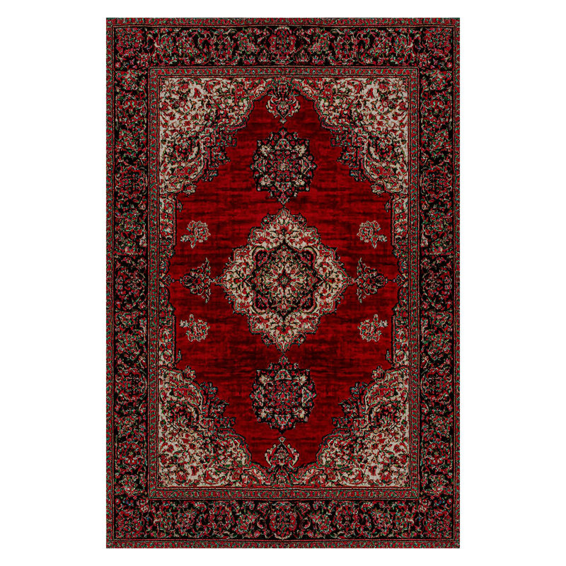 Guria Burgundy/Brown Oriental Vintage Look Machine Printed Cotton Chenille Area Rug, Rectangle 5'3" x 6'7"