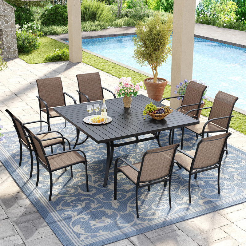 8-Person Square Patio Dining Set With Stackable PVC-coated polyester Chairs, Black/Brown
