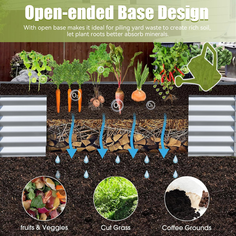 Lit de jardin surélevé galvanisé 6X3X1.5Ft, H 17,72 po x l 70,87 po x P 35,43 po, Argenté / blanc
