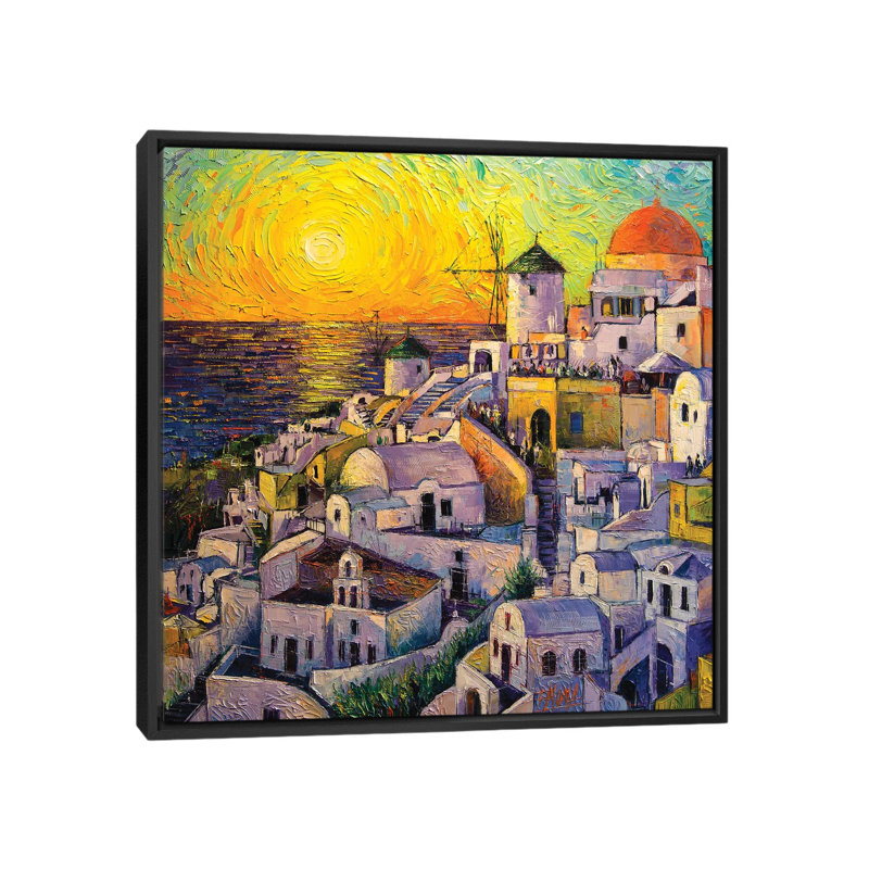 « coucher de soleil dans santorini », reproduction sur toile, H 18 po x l 18 po x P 1,5 po, Toile avec cadre noir