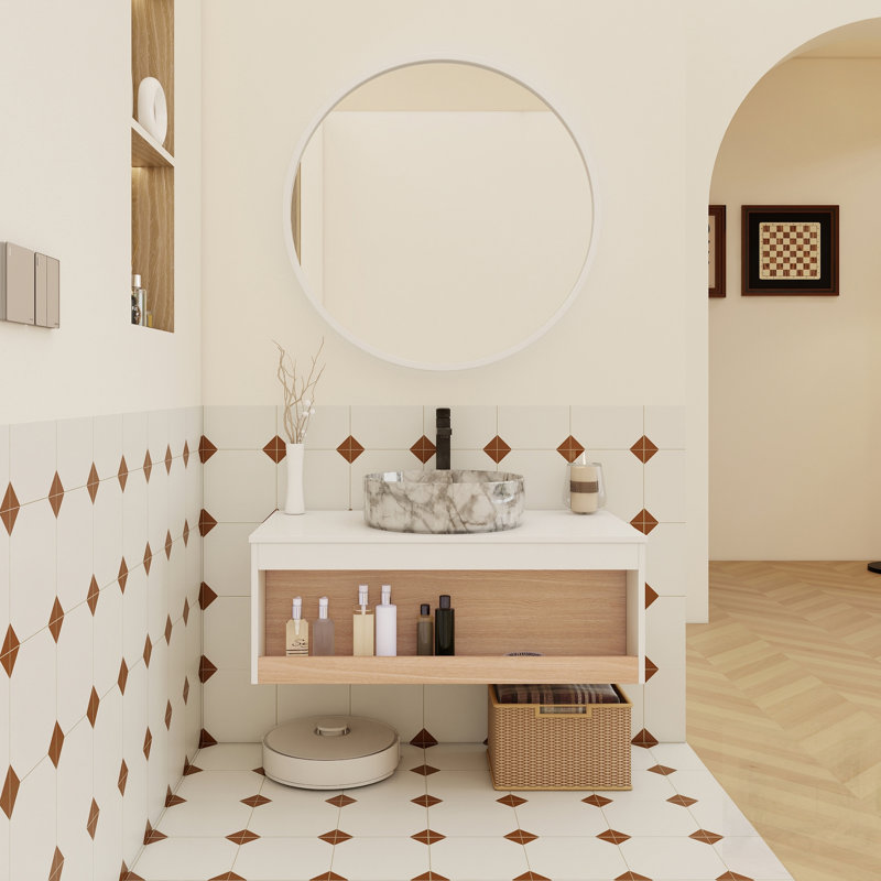 Meuble-lavabo flottant avec vasque en marbre veiné, fixation murale avec tablette ouverte, design moderne et peu encombrant