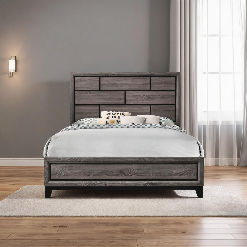 Lit plateforme en bois massif à profil bas, lit double à motif géométrique gris doux pour la chambre principale ou la chambre d'amis