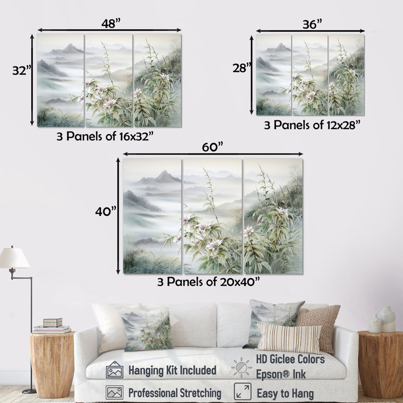 Ensemble de salon japonais en bambou au bord de la montagne I - Fleurs, Toile tendue, H 40 po x l 60 po x P 1 po