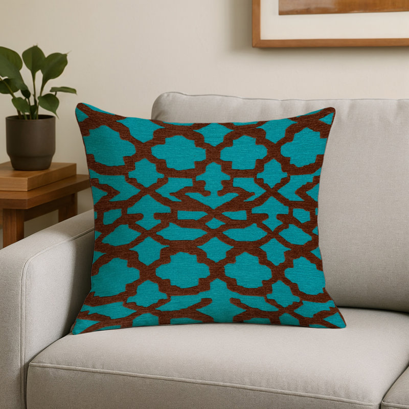Coussin décoratif intérieur et extérieur brun Trellis, Carré 18 po, Bleu treillis 15