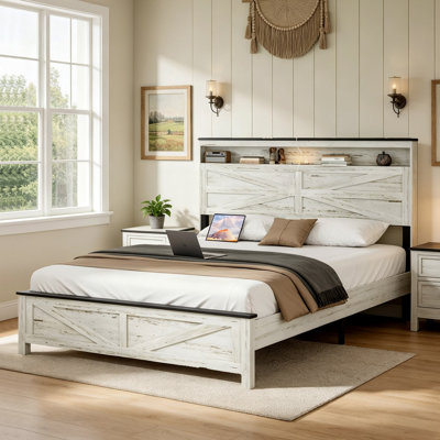Farmhouse Wood Platform Bed Frame with Storage Space Headboard & LED Lights and Charging Station, No Box Spring Needed
