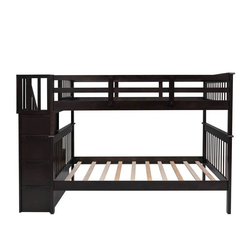 Lit superposé simple en bois avec rangement et garde-corps, Double sur double, Noyer foncé