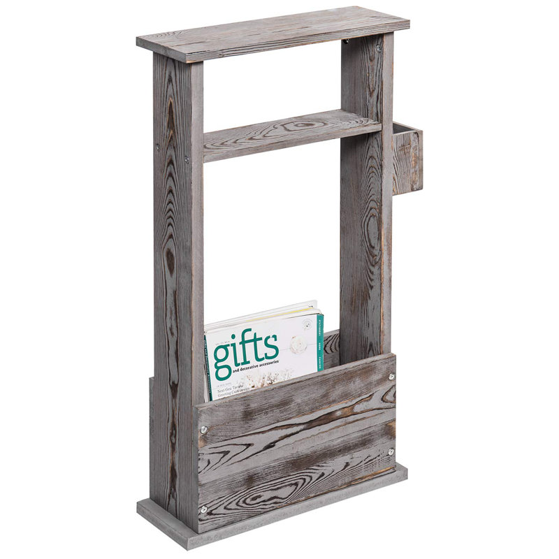 Narrow Side Table, Slim End Sofa Table In Vintage Grey Wood With Storage Shelf, Magazine And Remote Holder