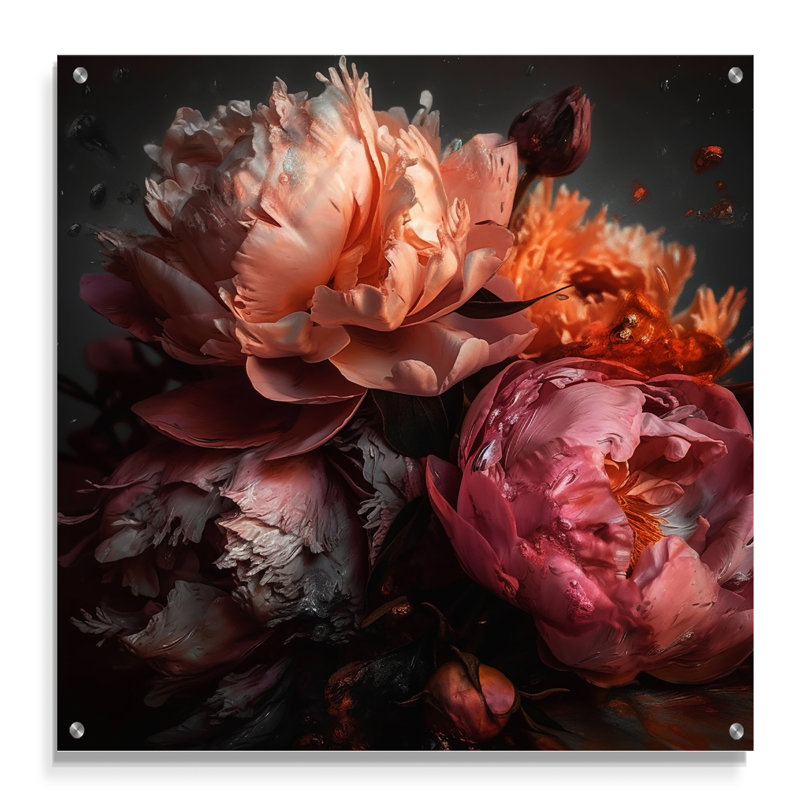 Art pivoines oranges et roses - Art mural en acrylique pour cuisine, H 30 po x l 30 po