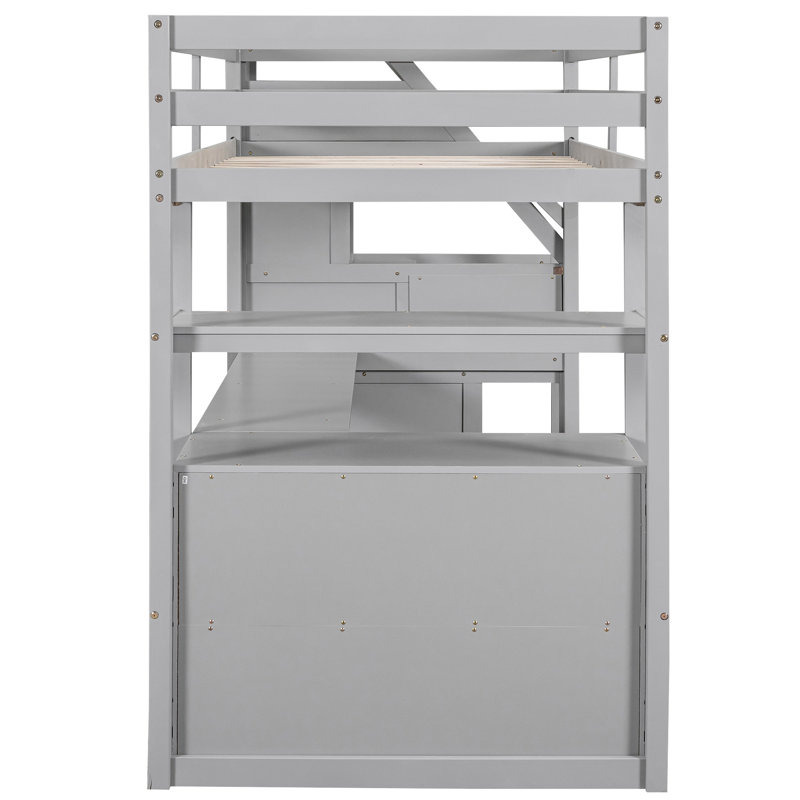 Lit mezzanine simple gris avec bureau, tablettes et escalier de rangement durable, Gris, Lit simple