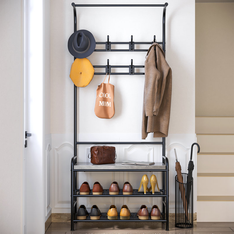 Portemanteau d'entrée avec banc à chaussures et tablettes, portemanteau robuste avec barre supérieure et 8 crochets, support de rangement industriel en métal et bois, gris