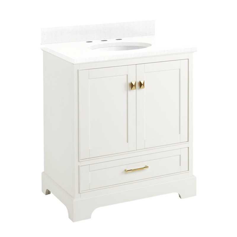 Quen 30" Freestanding Single Basin Vanity Set with Cabinet, Vanity Top, and Oval Undermount Sink, Soft White, Satin Brass