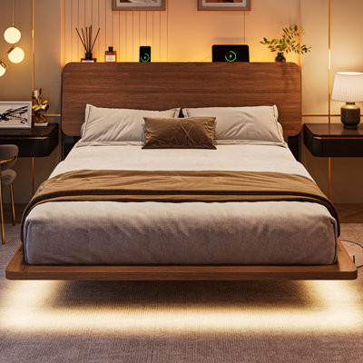 Lit suspendu Queen en bois avec éclairage DEL, longerons extra-larges et station de recharge, lattes métalliques robustes, conception silencieuse, montage facile, noir