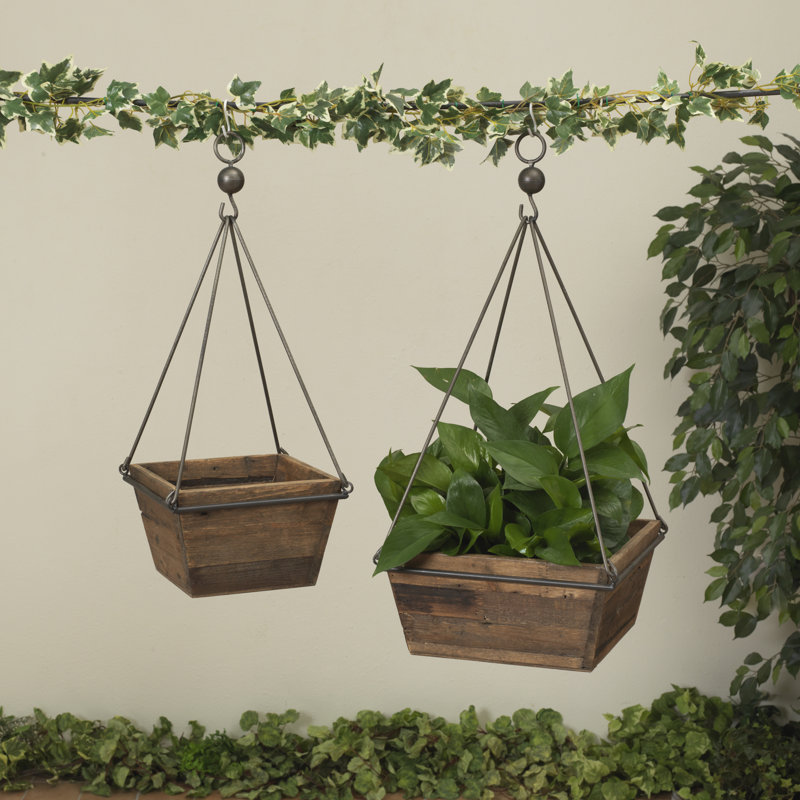 Ensemble de 2 jardinières suspendues carrées en bois et en métal - Auge de jardin industrielle 25,2 pouces