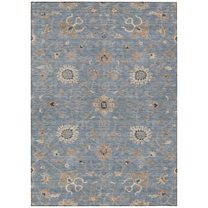 Tapis intérieur lavable floral ivoire et corail 3 pi x 5 pi bleu denim