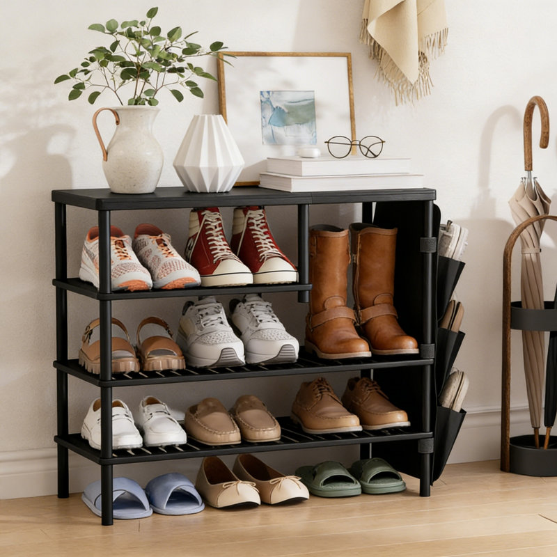 4-Tier Bamboo Shoe Rack, Holds 20-24 Pairs, Removable Pocket, Black