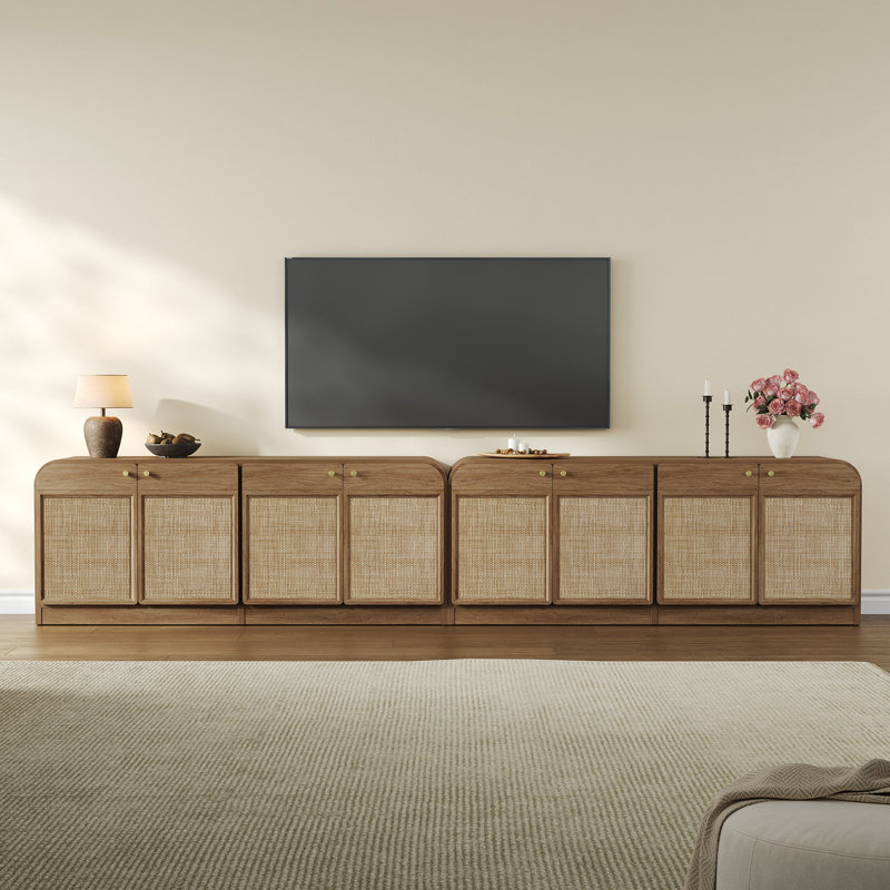 Boho TV Stand for TVs Up To 65" with 4 Rattan Storage Cabinets, Walnut Brown, 1