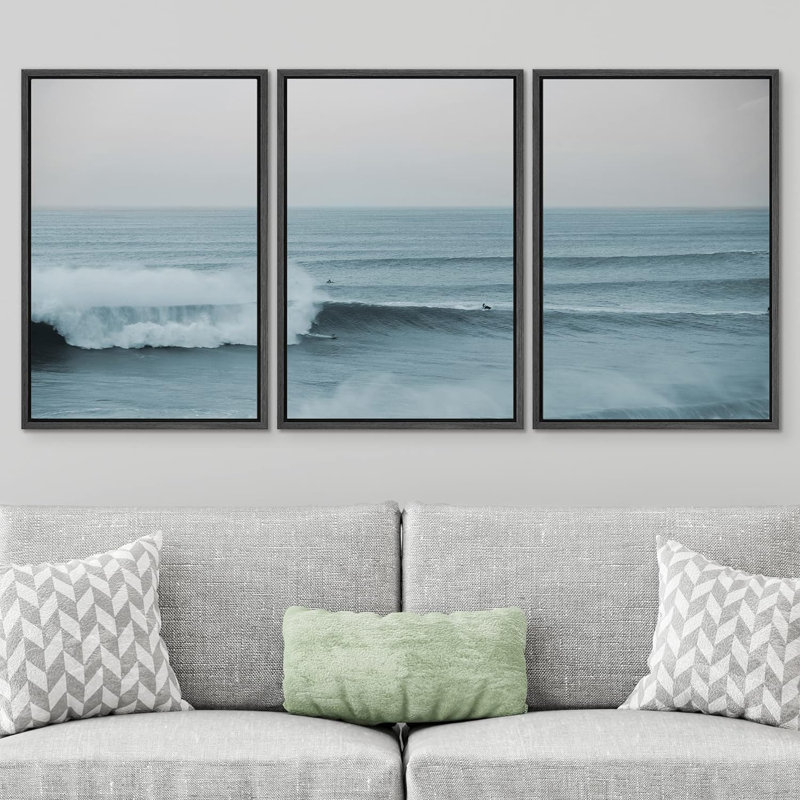 Framed Coastal Ocean Waves Triptych Canvas Print Set