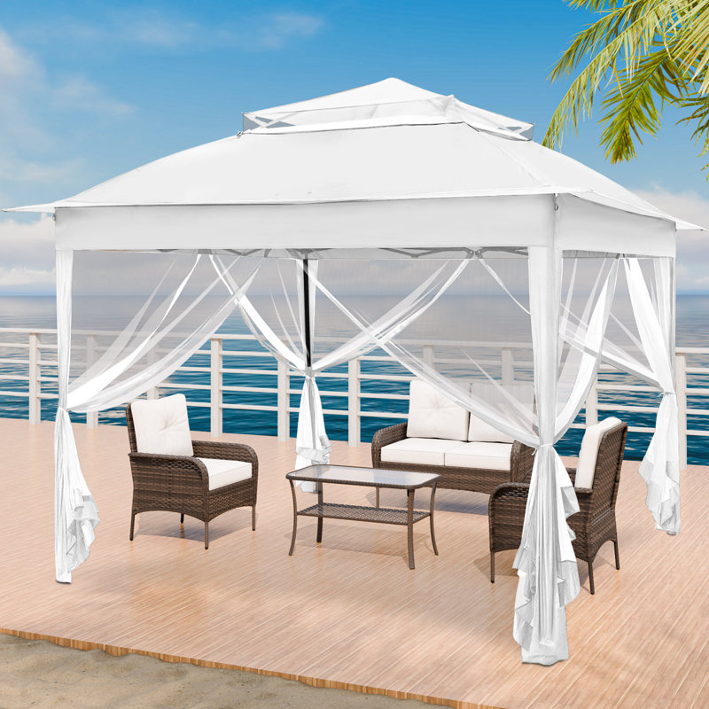 11 pi. L 11 pi. D Pavillon de jardin d'extérieur en acier à toit souple avec filet, Blanc