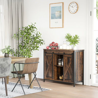 Rustic Brown Industrial Sideboard. Coffee Bar Cabinet With Sliding Doors. Adjustable Shelves For Storage. Living Room, Home Decor. 35.5" W X 13.5" D 30" H Style Sideboard By . Brown. Buffet Door.
