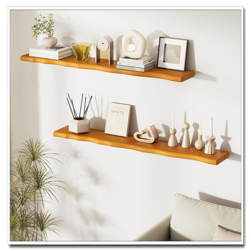 48 Inch Live Edge Floating Wall Shelves Honey Walnut Rustic Pine Wood Shelf For Bathroom Living Room Bedroom Kitchen Wall Mounted