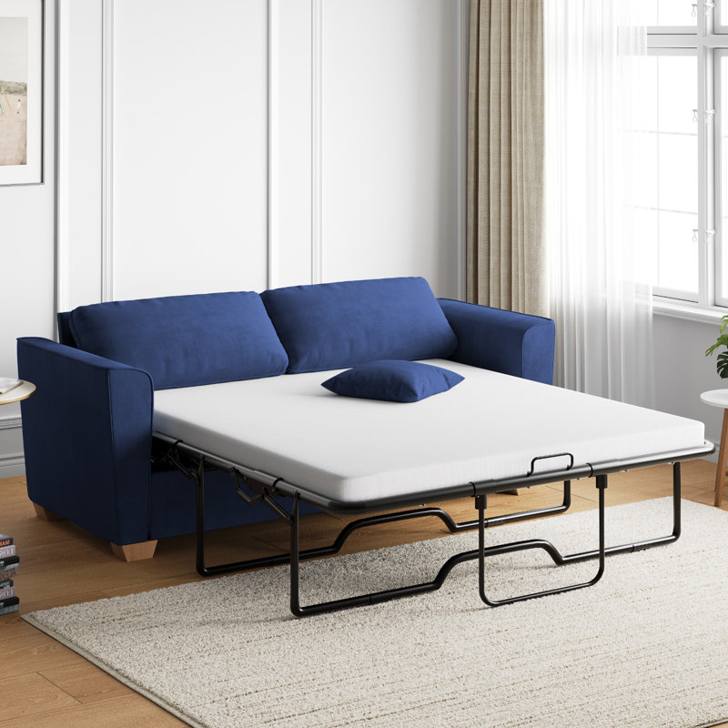 Queen Size Velvet Pull-Out Sofa Bed with 2.8" Mattress, Blue