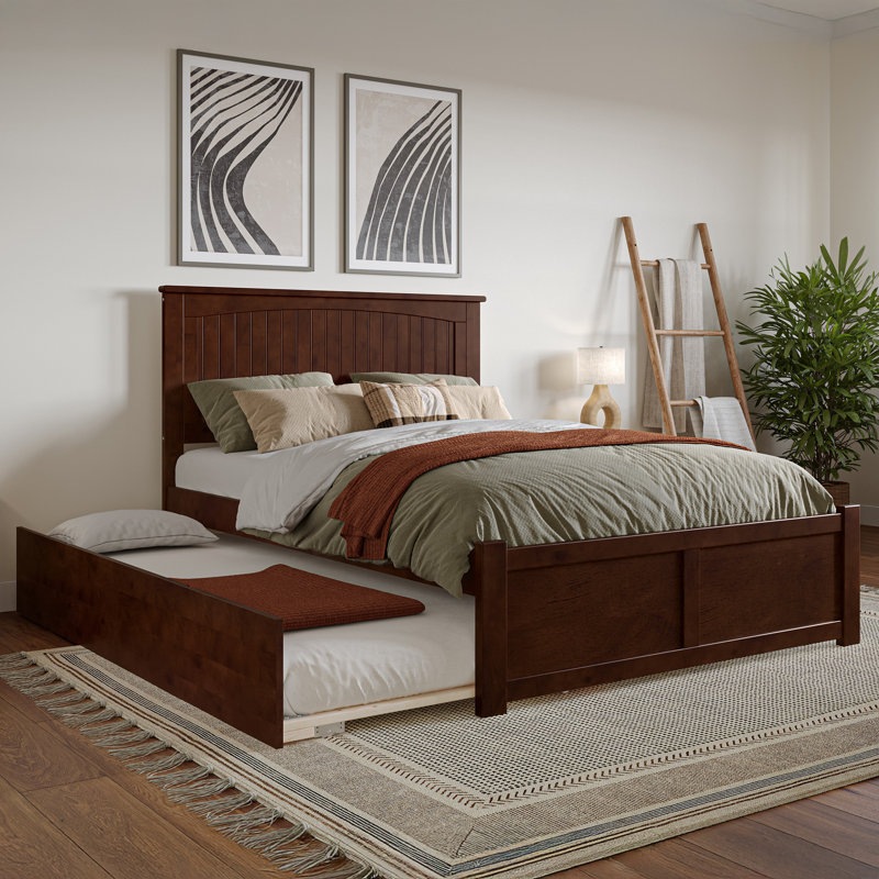 Nantucket Solid Wood Platform Bed with Footboard & Twin Trundle, Walnut, Full / Double