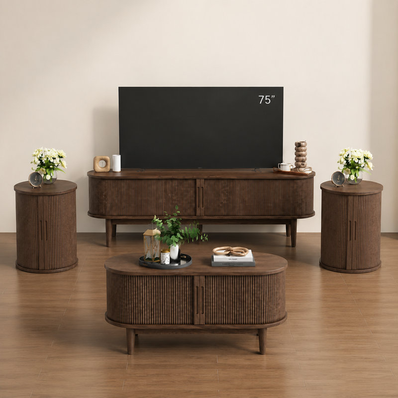 Ensemble de table de salon 4 pièces Mosser (1 table basse, 2 tables de bout et 1 meuble télé), Bois brun
