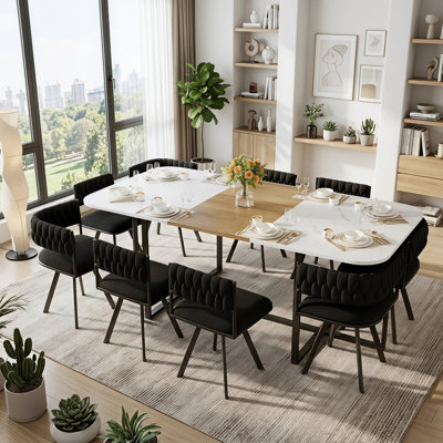 Ensemble de table de salle à manger 9 pièces 9 pièces avec plateau en faux marbre et chaises en velours pour 8 personnes