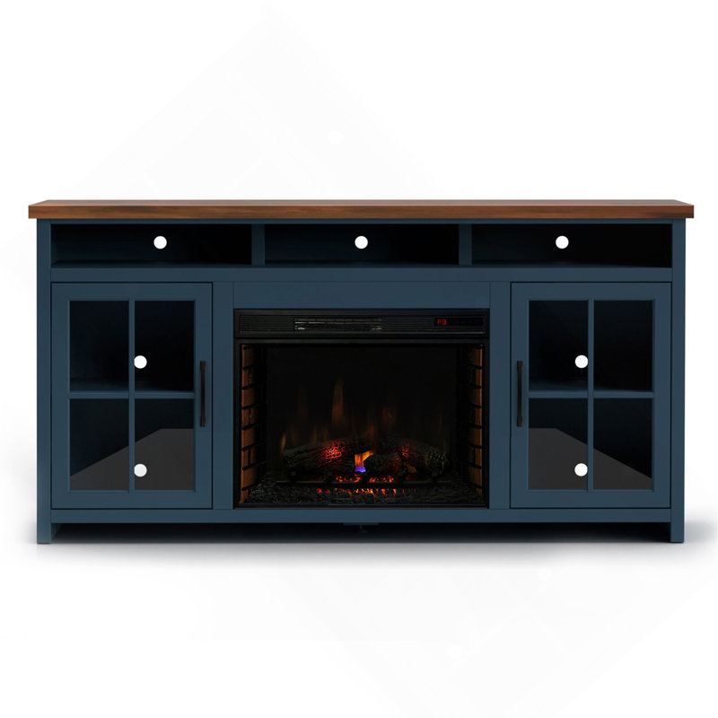 Meuble télé 74 po pour téléviseur de 85 po ou moins, assemblage minimal, denim bleu et finition whisky