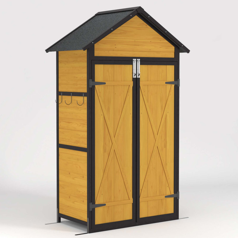 Armoire de rangement pour l'extérieur Remise de rangement en bois résistante aux intempéries avec portes imperméables verrouillables Tablettes amovibles Crochets de table pliables 69 po pour jardin et patio