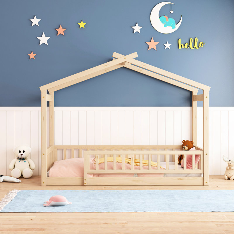 Lit simple avec clôture - Bois naturel et jeu pour un sommeil stable, Twin, Natural