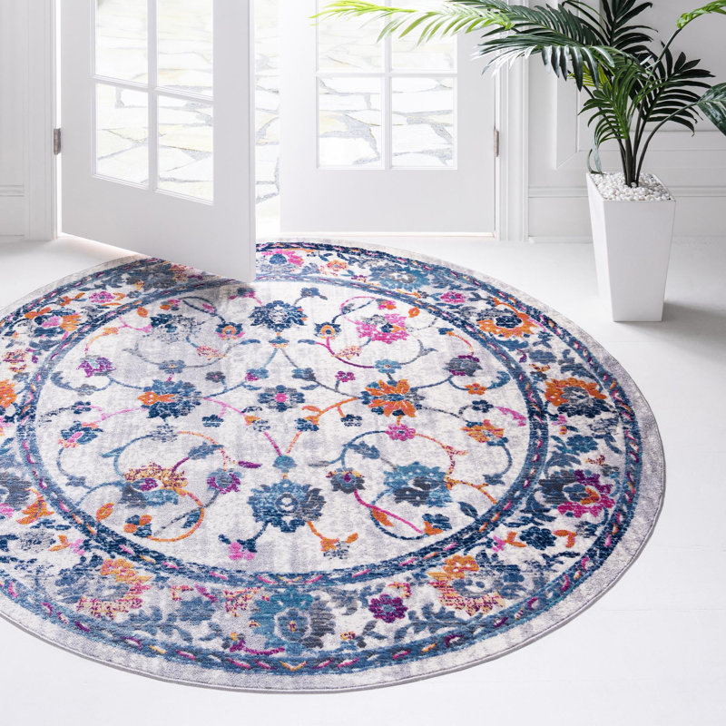 Tapis ivoire à motif floral, Rond 5 pi 1 po